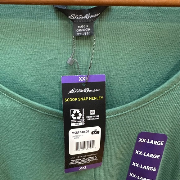 NWT Eddie Bauer Scoop Snap Henley Shirt Green Stretch Casual‎ Comfy Classic XXL - Picture 4 of 6